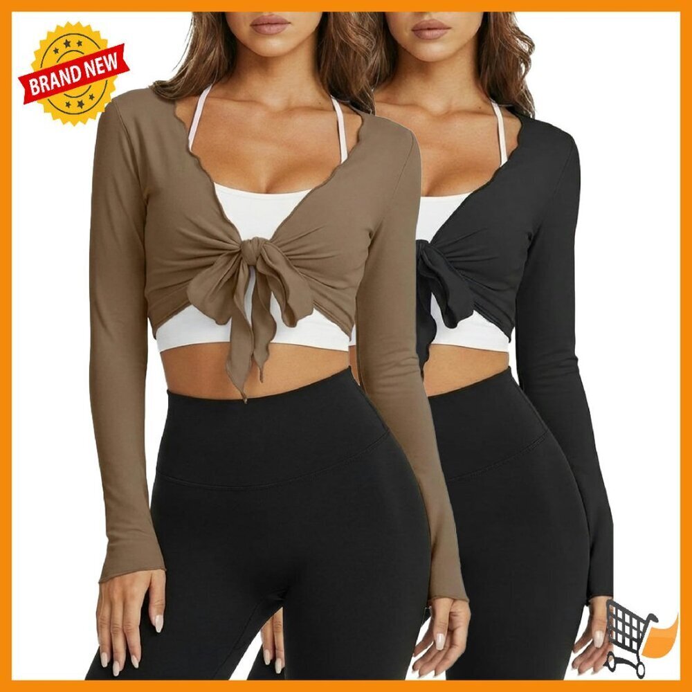 Long Sleeve Tie Front Wrap Crop Top Shrug Yoga Layering Cardigan